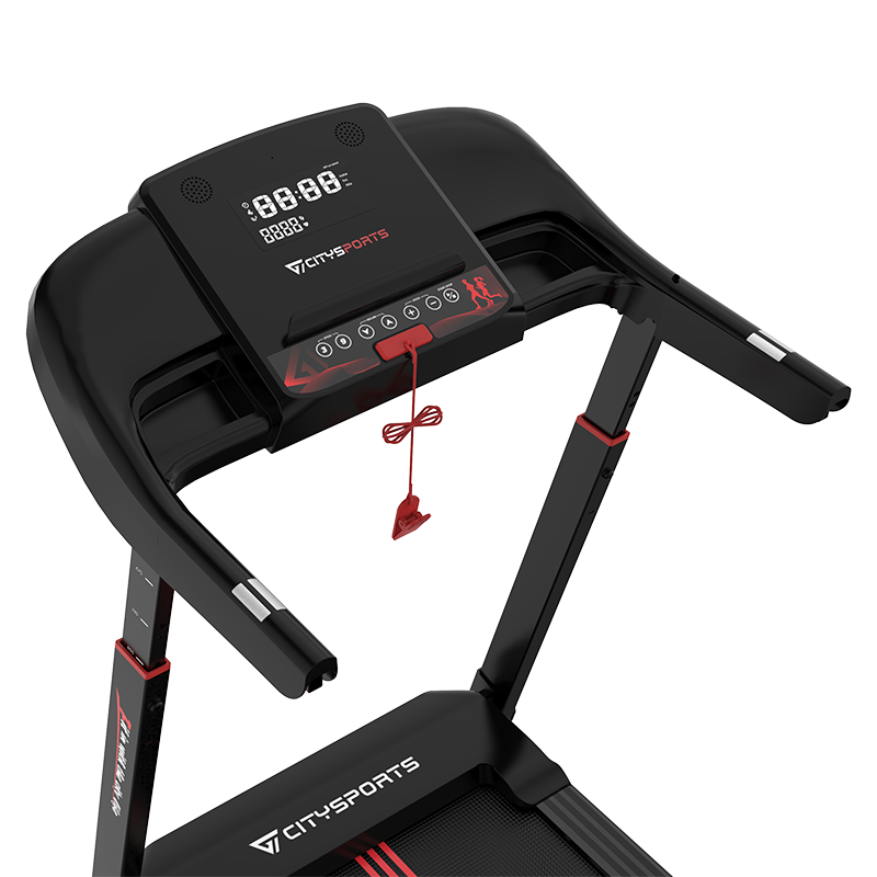 CITYSPORTS WP16 Laufband, Nahaufnahme von Konsole, Handläufen und Sicherheitsschlüssel